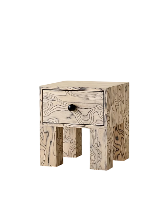 Natural Burl Wood-Look Nightstand, Square One-Drawer Bedside Table with Black Knob and Chunky Block Legs, Wabi-Sabi Accent End Table for Bedroom, Guest Room and Living Room