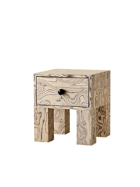 Natural Burl Wood-Look Nightstand, Square One-Drawer Bedside Table with Black Knob and Chunky Block Legs, Wabi-Sabi Accent End Table for Bedroom, Guest Room and Living Room