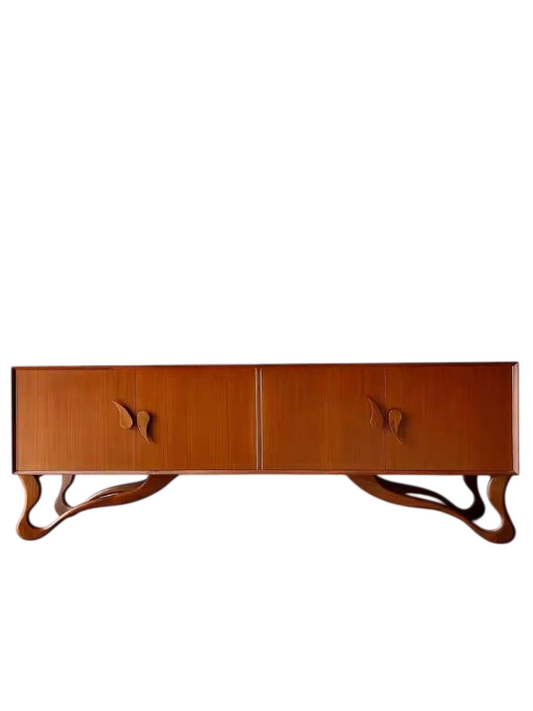 Solid Teak Wood TV Stand, Mid Century Media Console Cabinet with Sculptural Legs, Wooden Storage Credenza for Living Room, Entertainment Center, Sideboard Buffet Cabinet, Honey Brown