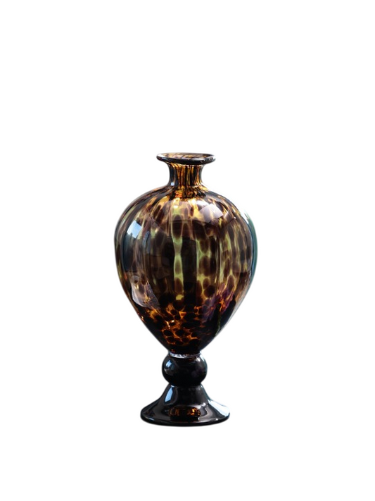 Amber Tortoiseshell Glass Vase, Large Pedestal Art Glass Centerpiece