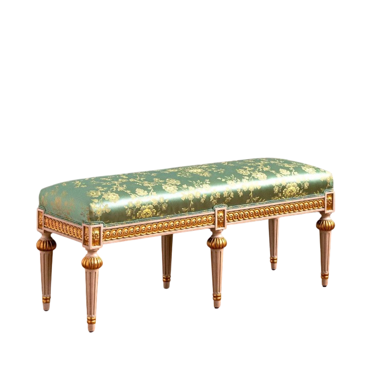 Green Floral Upholstered Bedroom Bench, French Style End of Bed Bench with Solid Wood Gold Finish Legs, Long Vanity Bench, Entryway Shoe Bench, Living Room Ottoman Bench