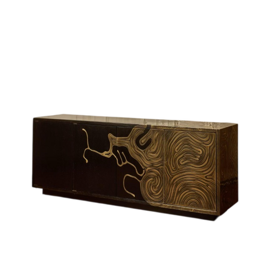 Dark Wood Sideboard Cabinet, Modern Storage Cabinet with Gold Line Art Door Fronts, Italian Minimalist Buffet Cabinet for Living Room Dining Room Entryway