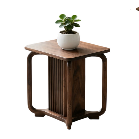 Ash Wood Square Side Table with Fluted Pedestal Base