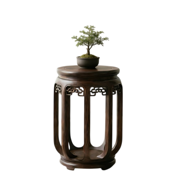 Ash Wood Round Side Table with Carved Openwork Frame