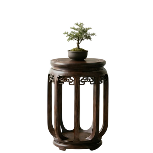 Ash Wood Round Side Table with Carved Openwork Frame