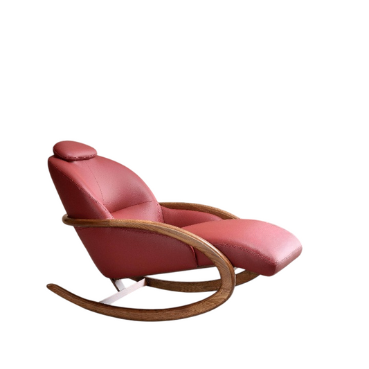 Burgundy Leather Rocking Lounge Chair with Wood Frame and Footrest