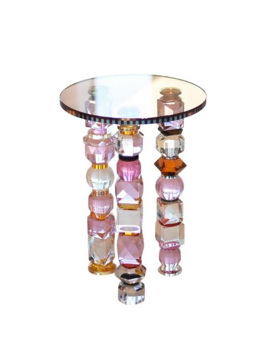 Pink, Clear and Amber Glass Round Side Table, Sculptural Faceted Crystal-Style Pedestal End Table, Glam Art Deco-Inspired Accent Table for Living Room, Bedroom and Lounge
