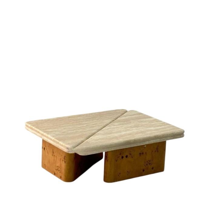 Modern Travertine Nesting Coffee Table Set, Wabi Sabi Stone Center Table with Sculptural Wood Base, Minimalist 2 Piece Coffee Table for Living Room, Apartment, Lounge