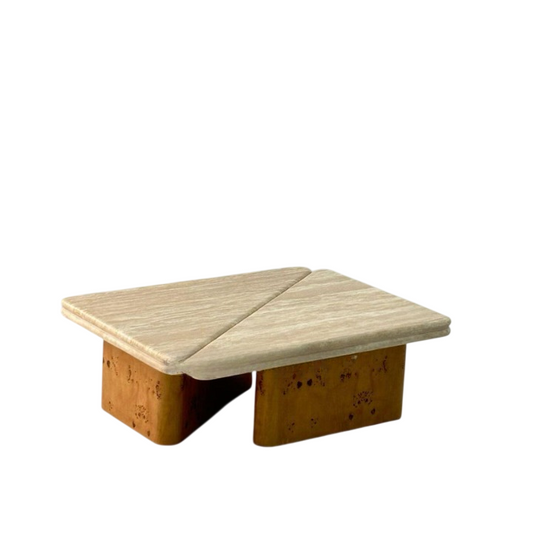 Modern Travertine Nesting Coffee Table Set, Wabi Sabi Stone Center Table with Sculptural Wood Base, Minimalist 2 Piece Coffee Table for Living Room, Apartment, Lounge