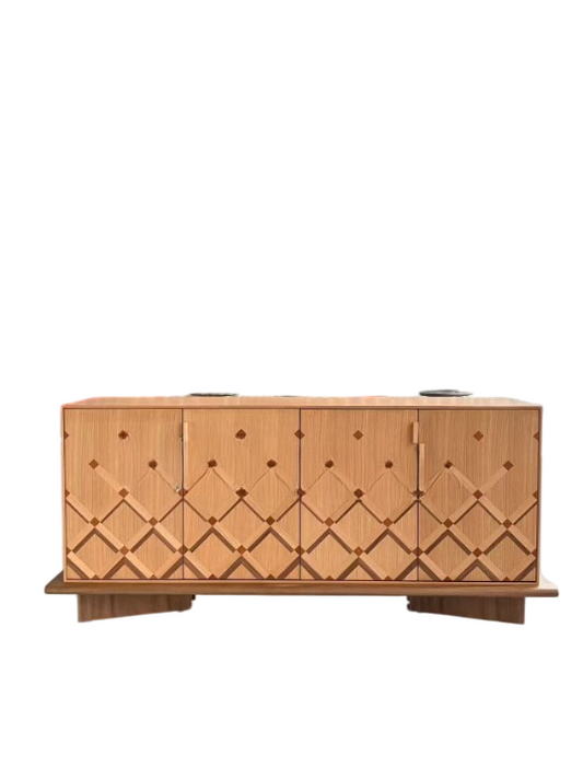 Wood Veneer Sideboard Cabinet, Geometric Diamond Pattern Buffet Cabinet, Modern Credenza Storage Cabinet for Dining Room, Living Room, Entryway, Hallway, Kitchen, and Console Decor