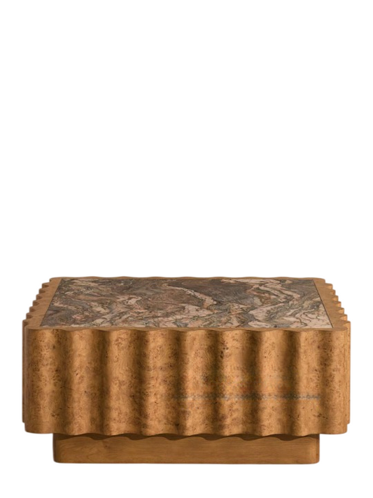 Square Burl Wood Coffee Table with Marble Inlay Top, Sculptural Fluted Wave Base and Recessed Plinth, French Vintage-Inspired Center Table for Living Room, Lounge and Sitting Area