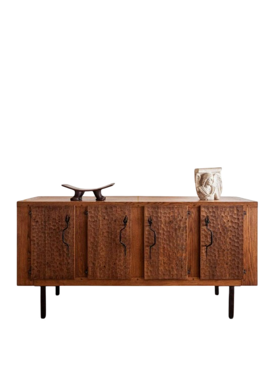 Solid Wood Sideboard Cabinet, Rustic Buffet Cabinet with Textured Doors, Modern Farmhouse Storage Cabinet, Dining Room Credenza, Living Room Accent Cabinet with Black Metal Legs