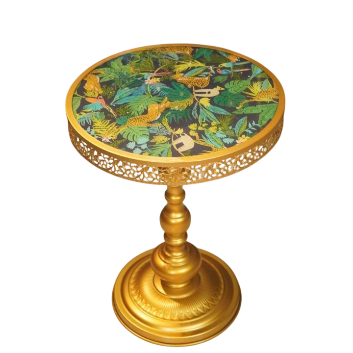 Gold Round Pedestal Side Table, Tropical Botanical Print Accent Table with Decorative Tray Top, Luxury Small Sofa End Table for Living Room, Bedroom, Entryway and Lounge Decor