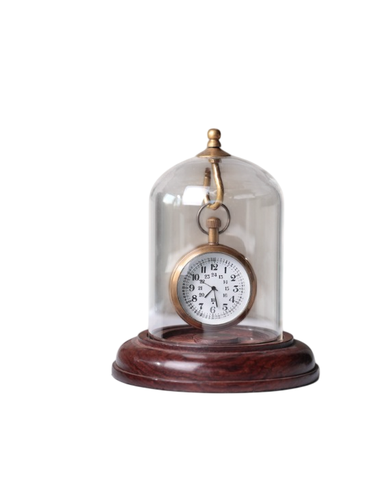 Vintage Pocket Watch Table Clock with Glass Dome and Wood Base