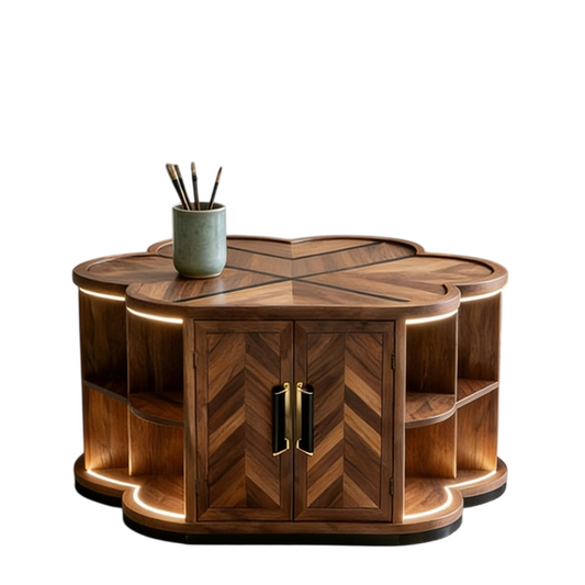Ash Wood Flower Coffee Table with Storage and Open Shelves