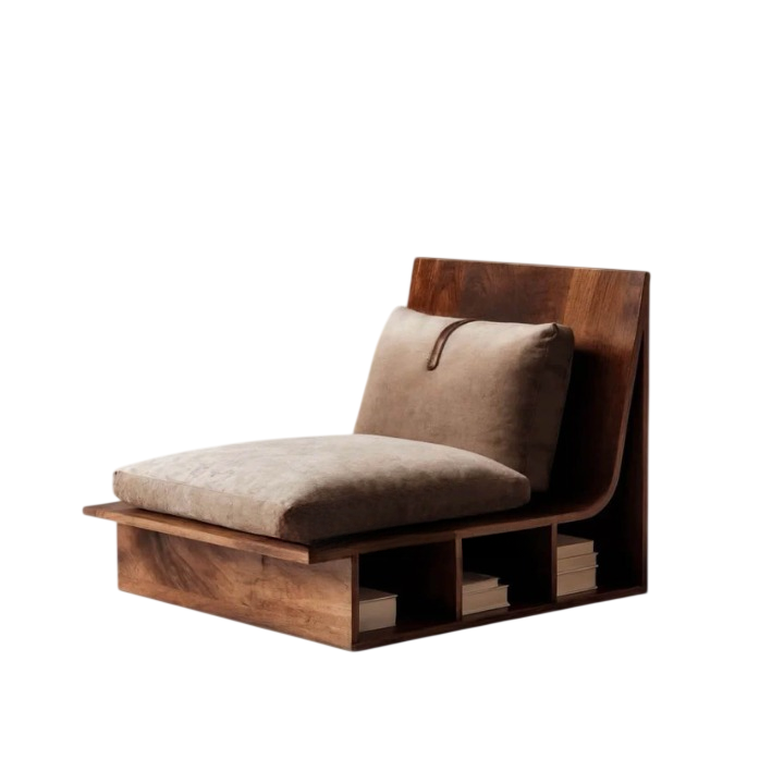 Modern Wood Storage Lounge Chair, Upholstered Single Sofa Chair with Built-in Open Shelf, Low Profile Reading Chair for Living Room, Bedroom, Study Room, Hotel Lounge