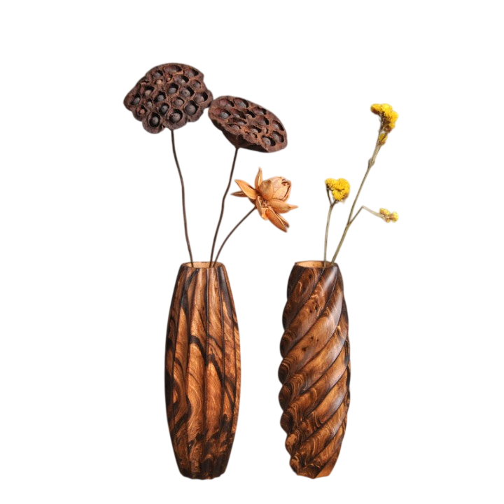 Solid Wood Vase Set of 2 for Dried Flowers, Dark Brown