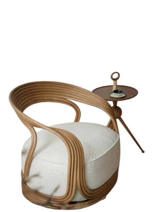 Natural Rattan Boucle Lounge Chair, Curved Vine-Style Accent Armchair with Ivory Sherpa Cushion, Southeast Asian Inspired Single Sofa Chair for Living Room, Bedroom, Balcony, Hotel, Resort, and Reading Nook