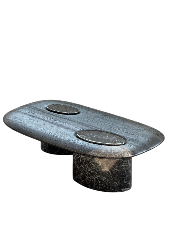 Oval Solid Wood Coffee Table, Black Travertine Accent Cocktail Table for Living Room