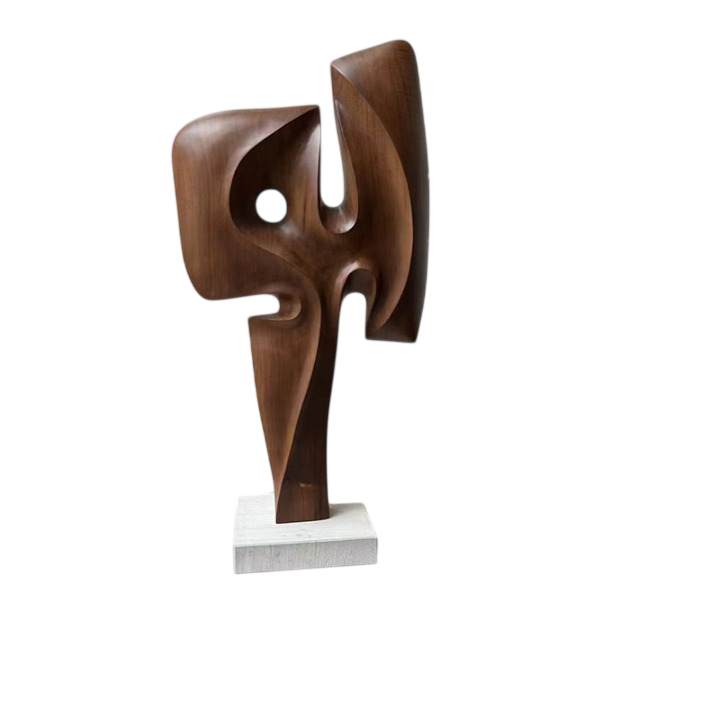 Abstract Wood Floor Sculpture on Stone Base, Modern Art Decor, 33.5 Inch