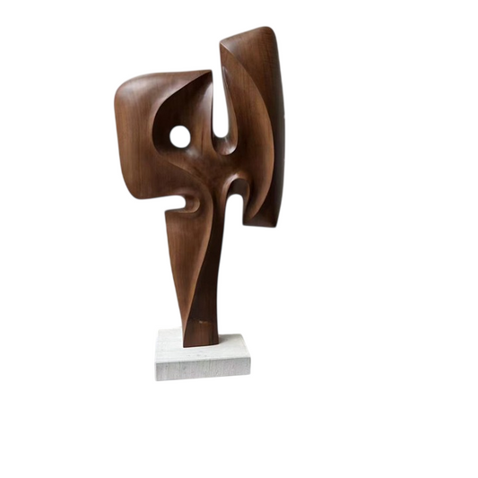 Abstract Wood Floor Sculpture on Stone Base, Modern Art Decor, 33.5 Inch