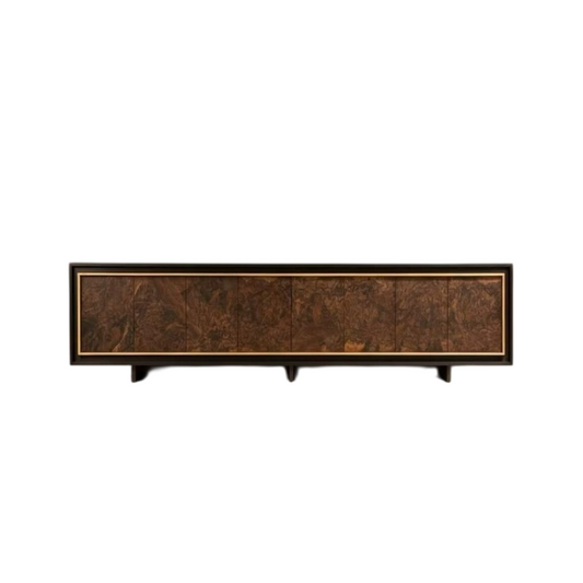 Burl Wood Grain Sideboard Cabinet, Low Dining Room Storage Cabinet with Black Frame and Gold Trim, Vintage Wabi Sabi Console for Living Room Entryway