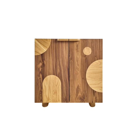 Geometric Wood Sideboard Cabinet, Natural Wood Accent Storage Cabinet with Circle Pattern Doors, Wabi Sabi Vintage Cabinet for Dining Room Entryway