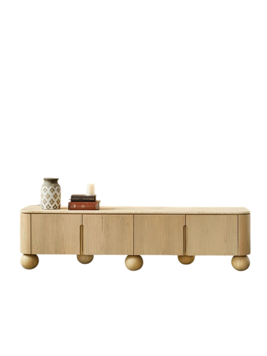 Natural Wood TV Stand with Sintered Stone Top, Modern Storage Console Cabinet, Low Media Cabinet with Rounded Doors and Ball Feet, Living Room Entertainment Center