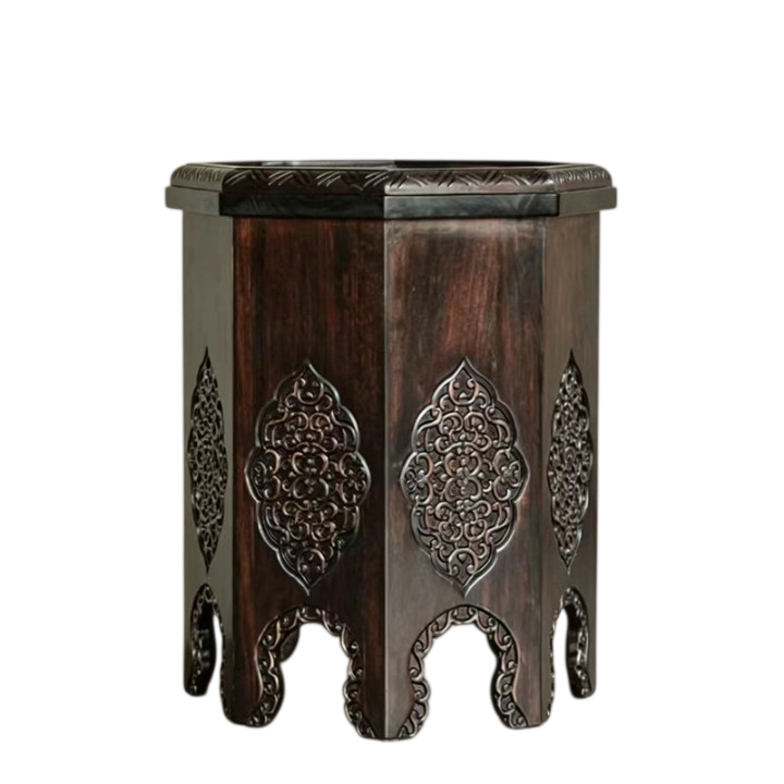 Hand-Carved Solid Wood Pedestal Side Table, Ornate Square Accent Stand with Pierced Floral Panels and Dark Brown Finish for Living Room, Entryway or Bedroom