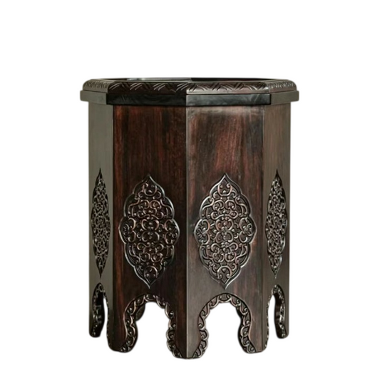 Hand-Carved Solid Wood Pedestal Side Table, Ornate Square Accent Stand with Pierced Floral Panels and Dark Brown Finish for Living Room, Entryway or Bedroom