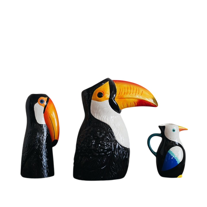 3 Piece Ceramic Bird Vase Set, Hand Painted Toucan Vase and Pitcher Decor