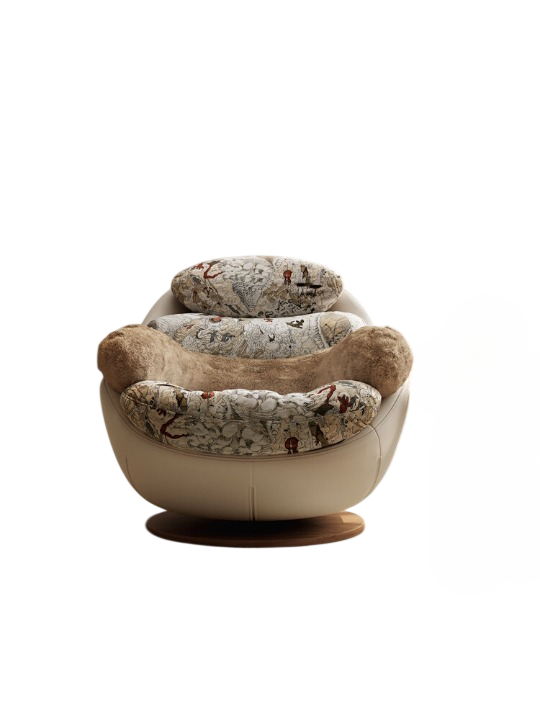 Oversized Swivel Accent Chair, Cream Leather Look Lounge Chair with Patterned Jacquard Cushions and Plush Bolster Pillow, Modern Round Single Sofa Chair for Living Room, Bedroom, Reading Nook, Apartment, and Lounge