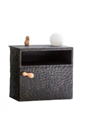 Black Hammered Wood Nightstand, Textured Bedside Table with Open Shelf and Drawer, Wabi Sabi Side Cabinet for Bedroom Living Room