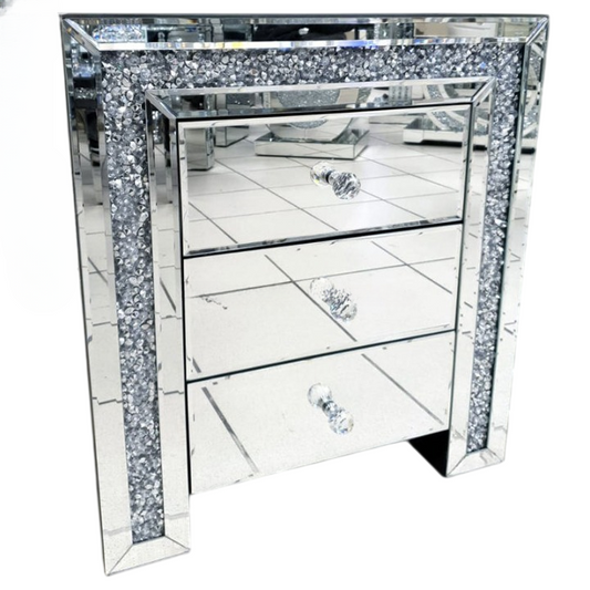 Silver Mirrored Nightstand, 3-Drawer Bedside Table with Crystal Trim