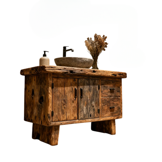 Rustic Reclaimed Wood Bathroom Vanity, Freestanding Bathroom Cabinet with Vessel Sink and Faucet, Weathered Wood Washstand with Doors and Drawers for Hotel, Villa and Powder Room