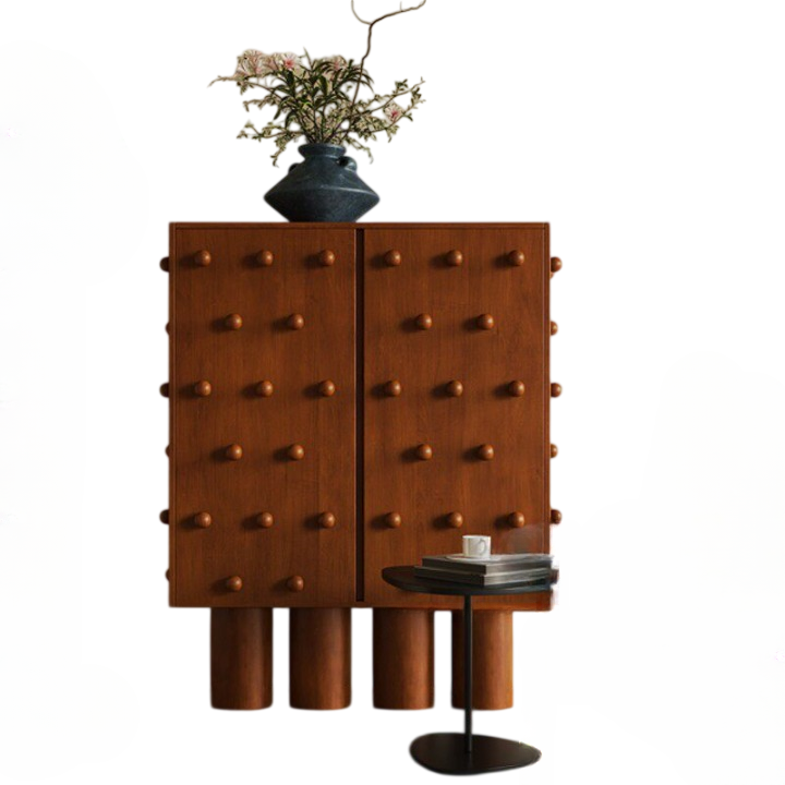 Walnut Brown Solid Wood Cabinet, 2-Door Studded Storage