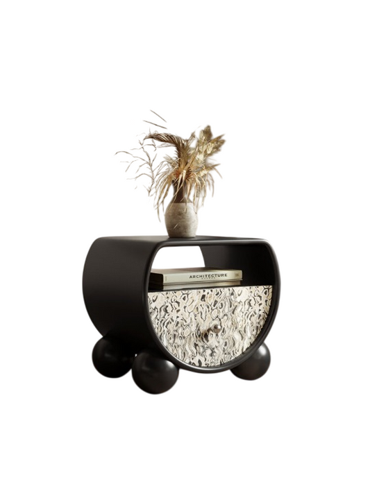 Black Round Nightstand with Drawer, Modern Bedside Table with Ball Feet, Compact Storage End Table with Open Shelf, Patterned Front Accent Cabinet for Bedroom, Living Room, Small Spaces
