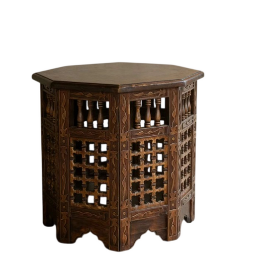 Hand-Carved Solid Wood Accent Side Table, Octagonal End Table with Open Baluster Shelves and Rustic Brown Finish for Living Room, Lounge or Entryway