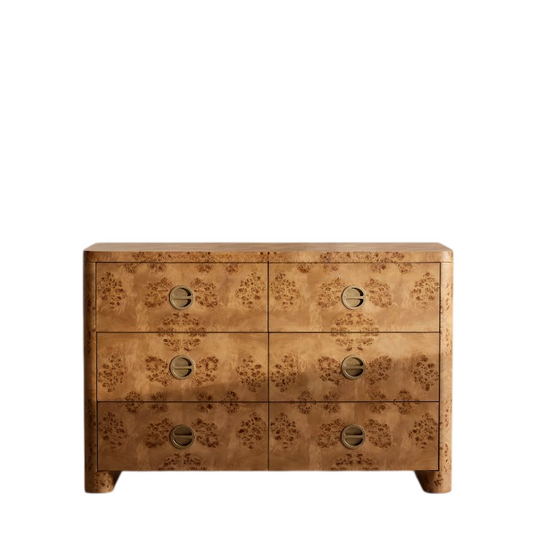 French Style 6 Drawer Sideboard, Burl Wood Storage Cabinet for Living Room