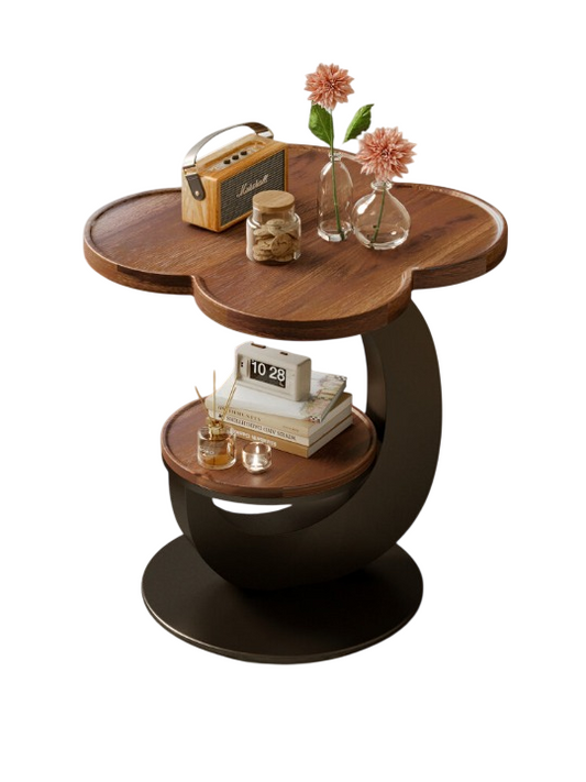 Clover Side Table with Shelf, Walnut Top, Black Base, 18.3 x 23.6 In