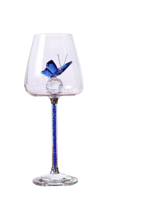 Blue Butterfly Wine Glass, Decorative Crystal-Style Goblet with Rhinestone Stem, Elegant 18–20 oz Red Wine Glass for Home Bar, Wedding, Birthday, Anniversary, Housewarming and Luxury Gift Décor