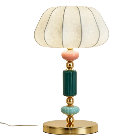 Modern Ceramic Table Lamp with Pleated Fabric Shade, 17.7 Inch Decorative Bedside Lamp, Colorful Green Pink Gold Accent Nightstand Light for Bedroom, Living Room, Study, Entryway
