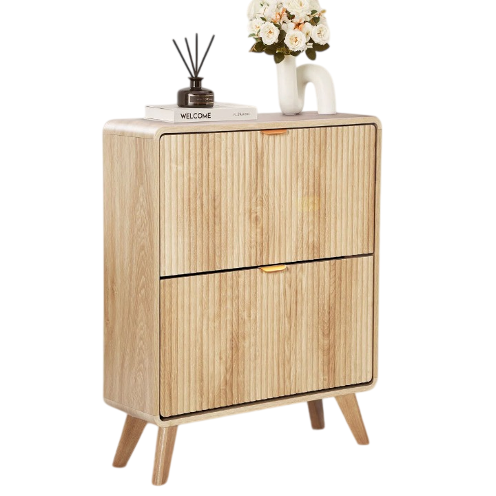 Natural Fluted Shoe Cabinet with 2 Flip Drawers for Entryway