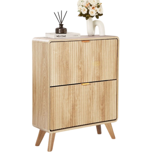 Natural Fluted Shoe Cabinet with 2 Flip Drawers for Entryway