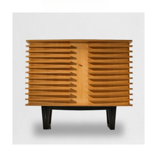 Solid Wood Louvered Storage Cabinet, Vintage Sideboard Cabinet with Slatted Doors, Wabi Sabi Accent Cabinet for Living Room, Entryway, Dining Room
