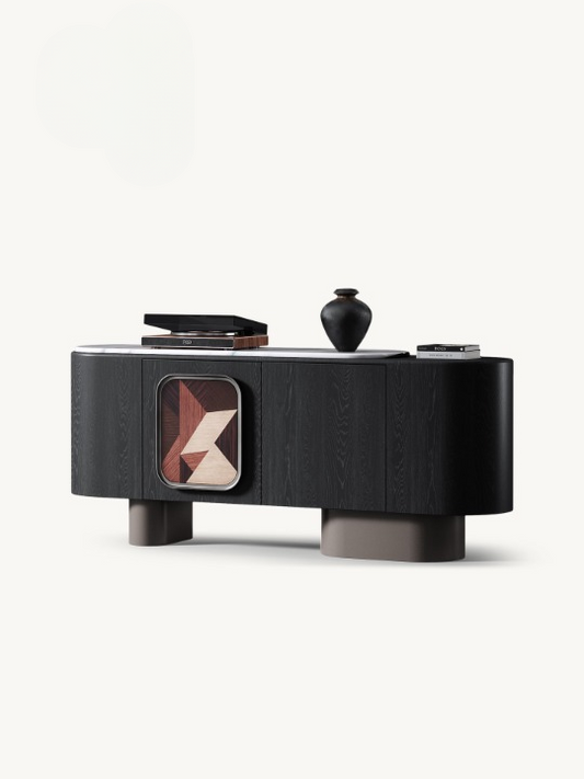 Modern Black Sideboard Buffet Cabinet with Panda White Stone Top, 71 Inch Italian Minimalist Dining Room Storage Cabinet, Curved Wood Accent Credenza for Living Room, Entryway, Kitchen