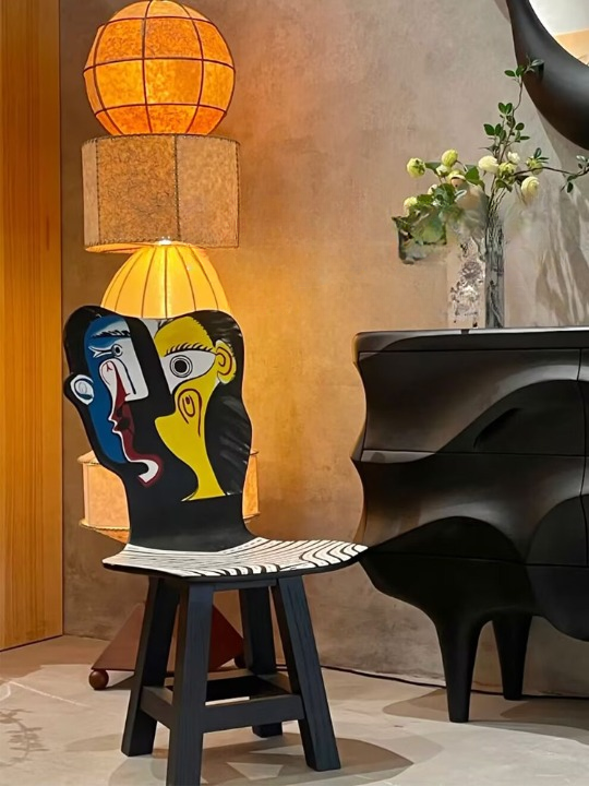 Hand Painted Abstract Face Dining Chair, Solid Wood Artistic Accent Chair with Black and White Pattern Seat, Modern Statement Side Chair for Dining Room, Living Room, Bedroom, Studio, and Entryway Decor