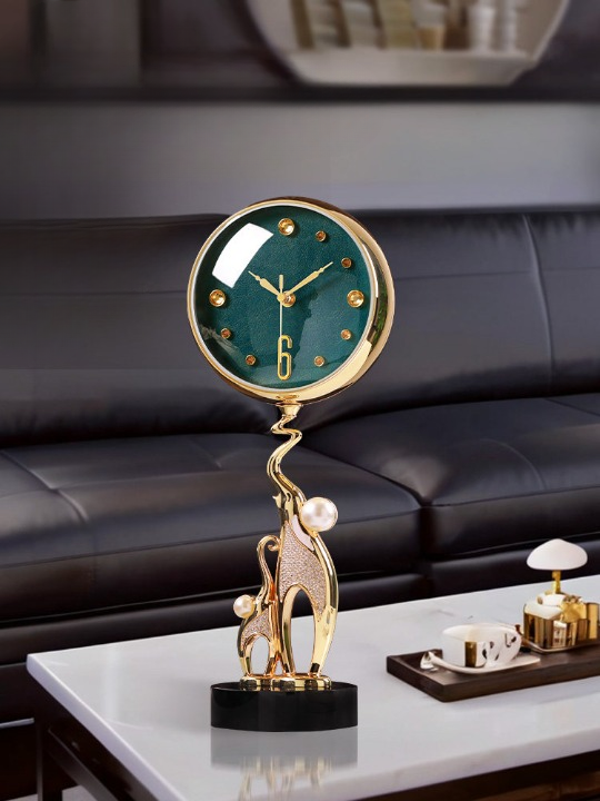 Green and Gold Elephant Table Clock, Rhinestone-Inlaid Decorative Mantel Clock with Textured Dial, Faux Pearl Accents and Black Pedestal Base for Living Room, Office, Bedroom and Console Table