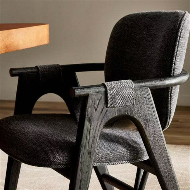 Black Solid Wood Dining Chair with Arms, Upholstered Linen Fabric Seat and Back, Modern Minimalist Accent Chair for Dining Room, Kitchen, Study, Cafe, Hotel, and Restaurant Seating