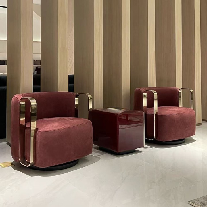 Brown Velvet Swivel Accent Chair with Gold Tone Metal Arms for Living Room